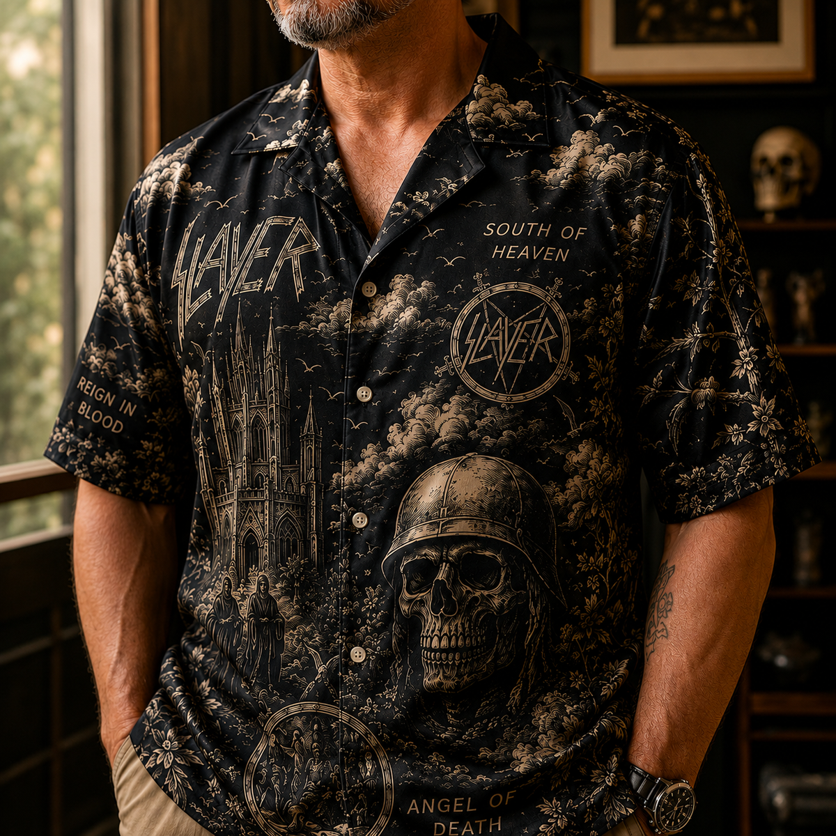 Slayer South of Heaven Hawaiian Shirt - Vintage Gothic Metal Skull Art Aloha Shirt Reign In Blood Fan Gift