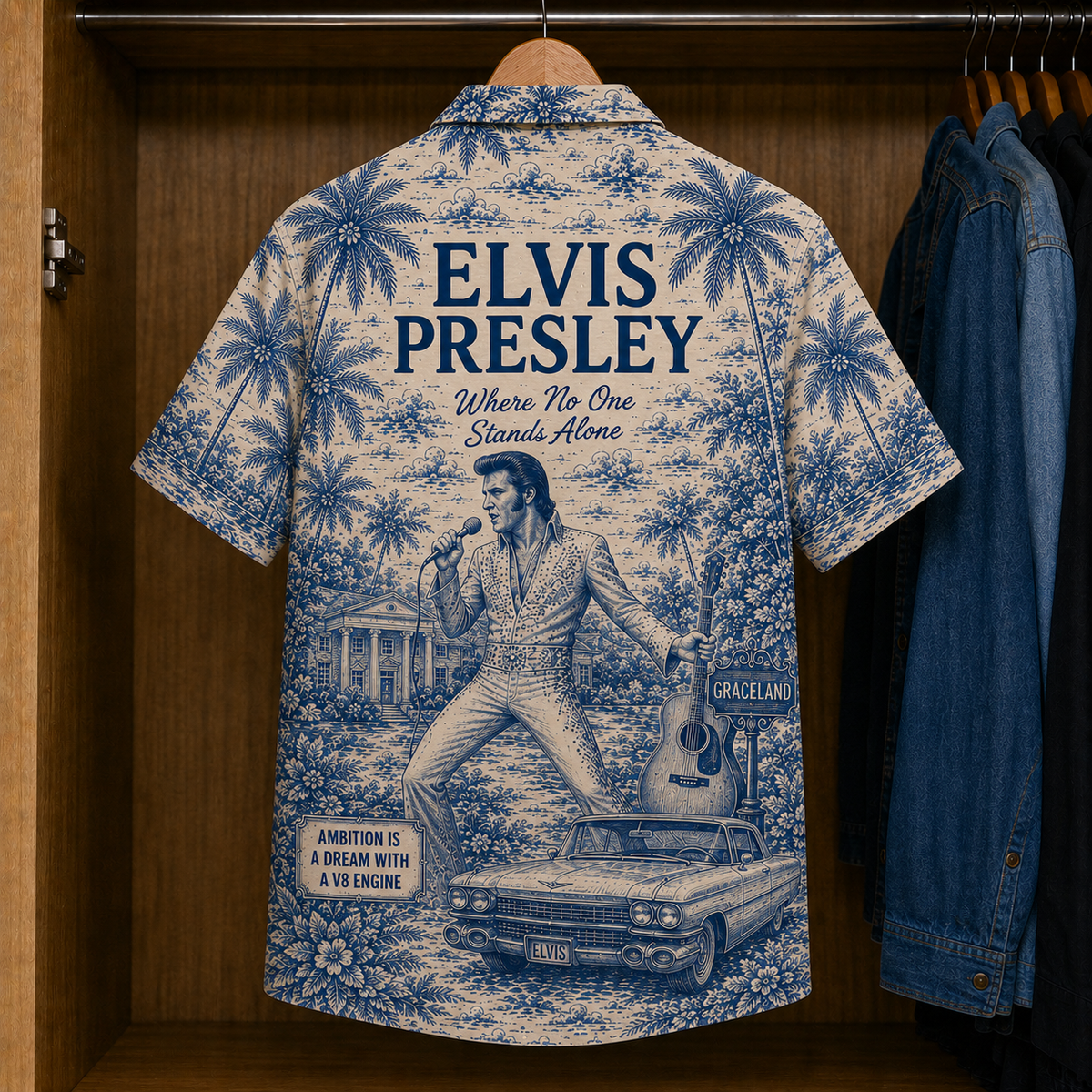 Elvis Presley Hawaiian Shirt Vintage Tropical Rock ’n’ Roll Button-Up Featuring Graceland, Hound Dog & Jailhouse Rock