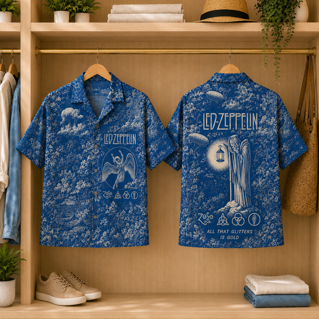 Led Zeppelin Blue Toile Hawaiian Shirt - Vintage Rock Band AOP Summer Button-Up Shirt