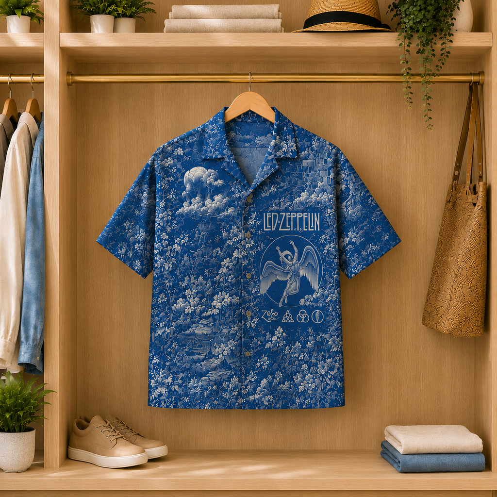 Led Zeppelin Blue Toile Hawaiian Shirt - Vintage Rock Band AOP Summer Button-Up Shirt