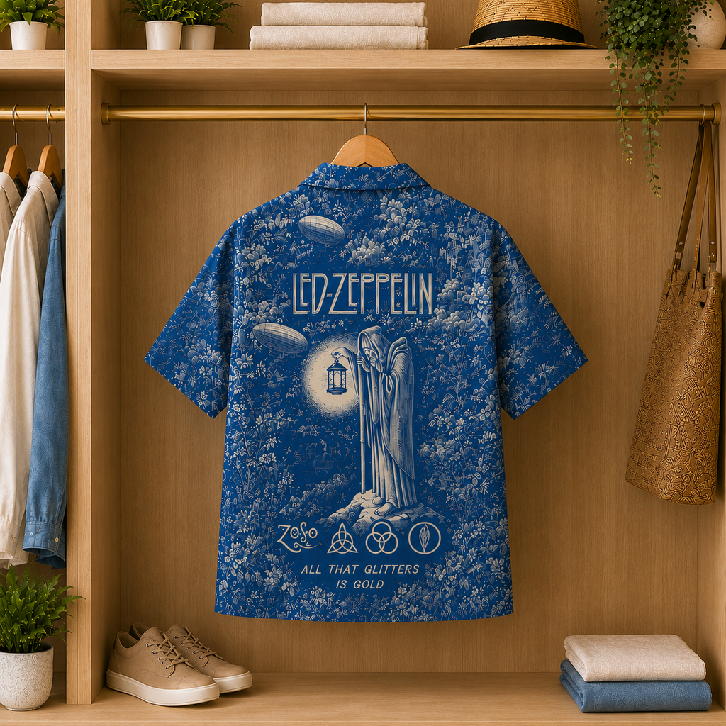 Led Zeppelin Blue Toile Hawaiian Shirt - Vintage Rock Band AOP Summer Button-Up Shirt