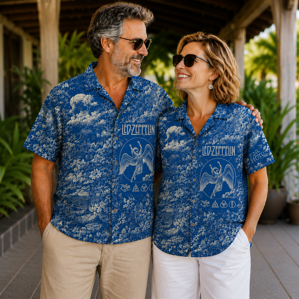 Led Zeppelin Blue Toile Hawaiian Shirt - Vintage Rock Band AOP Summer Button-Up Shirt