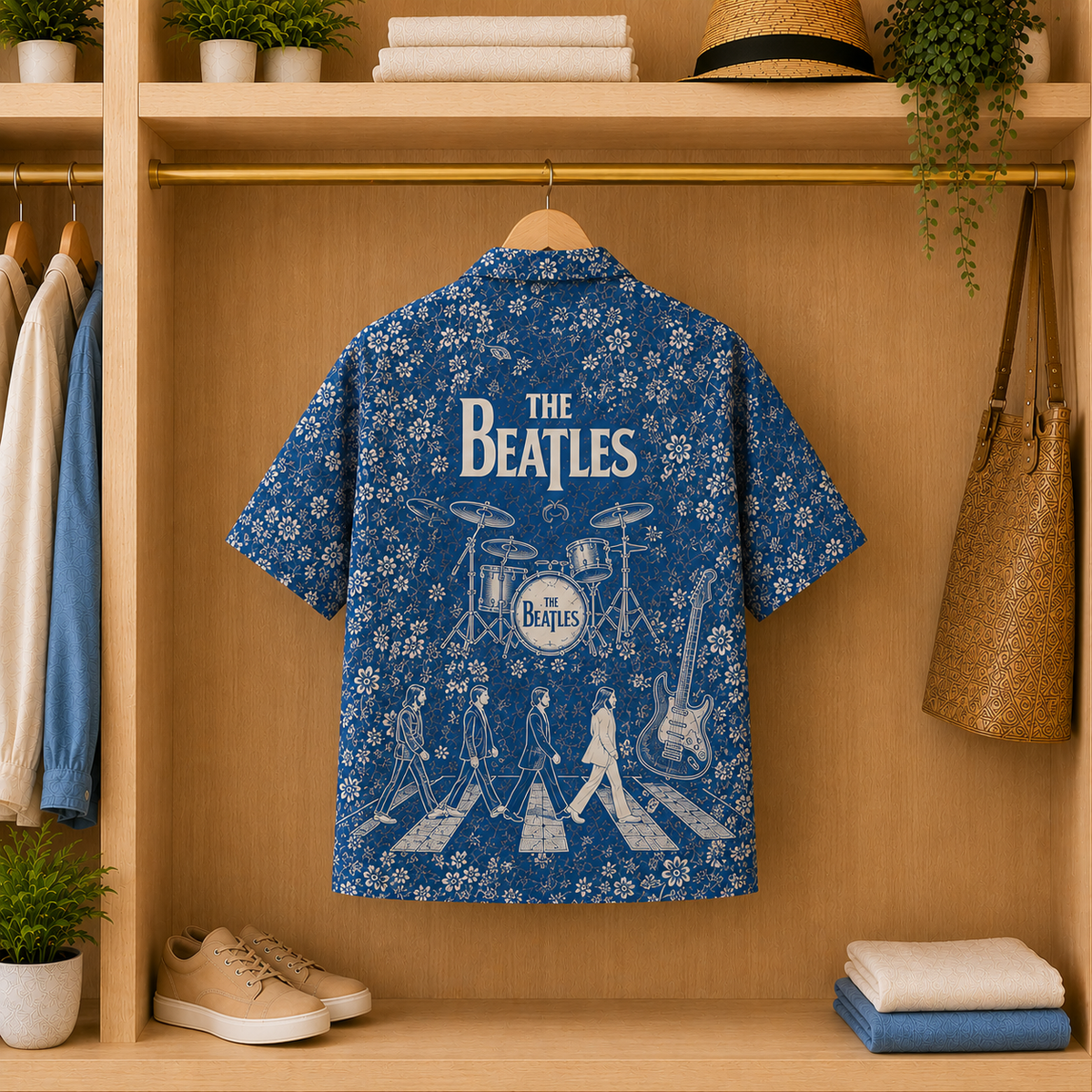The Beatles Blue Toile Hawaiian Shirt - Abbey Road Vintage Floral AOP Summer Button-Up Shirt
