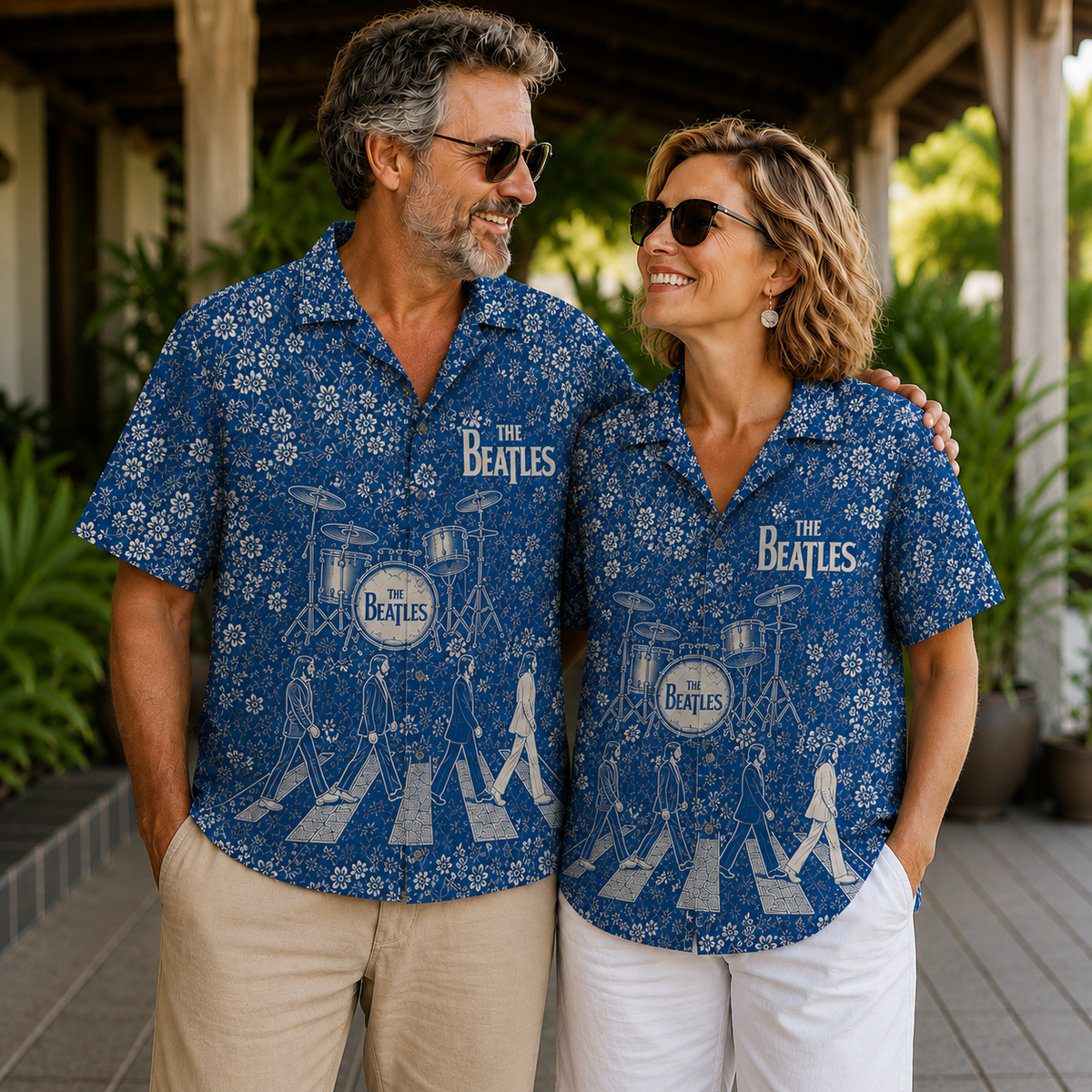 The Beatles Blue Toile Hawaiian Shirt - Abbey Road Vintage Floral AOP Summer Button-Up Shirt