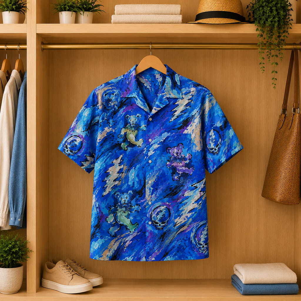 Grateful Dead Dancing Bears Painterly Hawaiian Shirt - Blue Lightning Skull All-Over Print Summer Button-Up Shirt