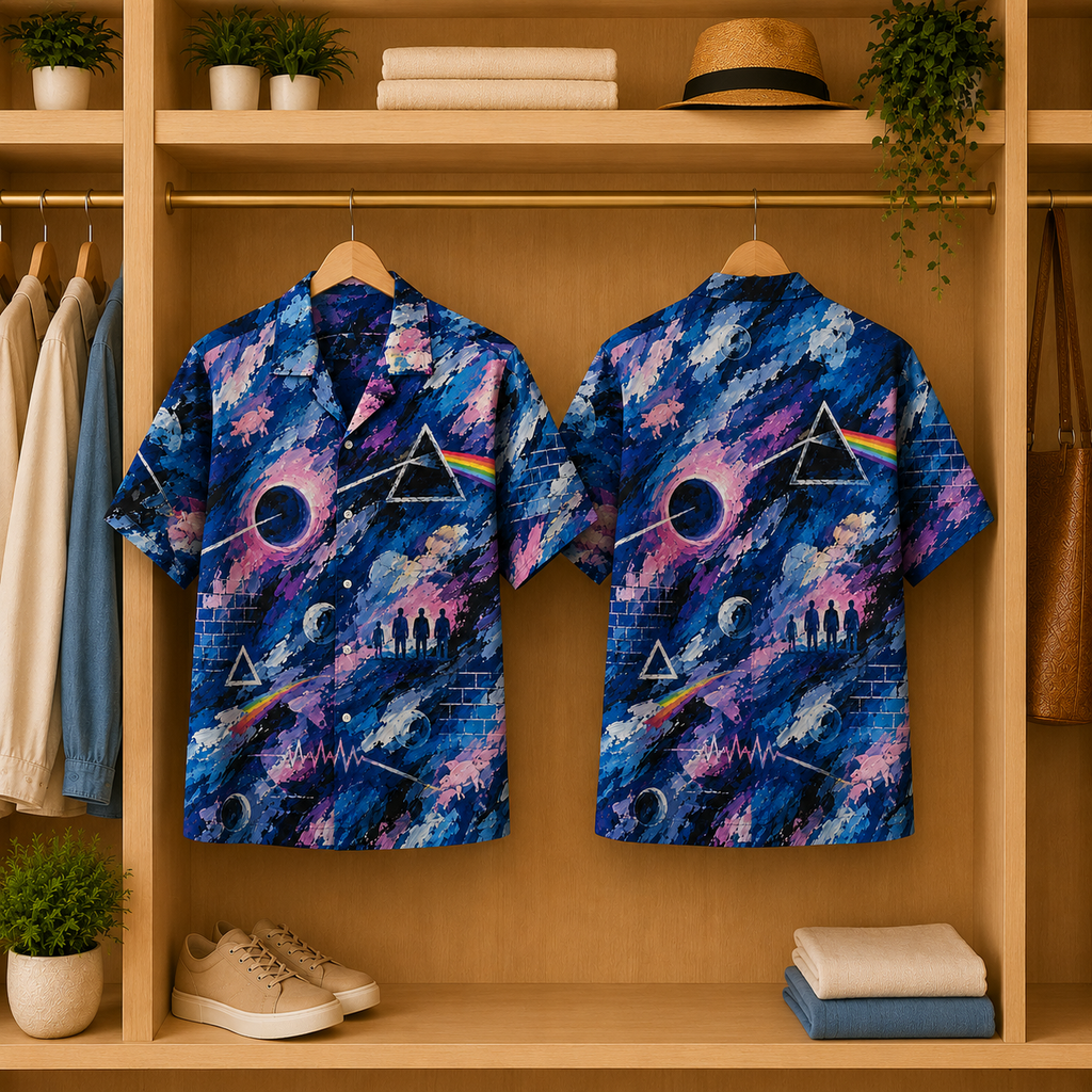 Pink Floyd Hawaiian Shirt - Cosmic Prism Galaxy Artwork All-Over Print Summer Button-Up Shirt