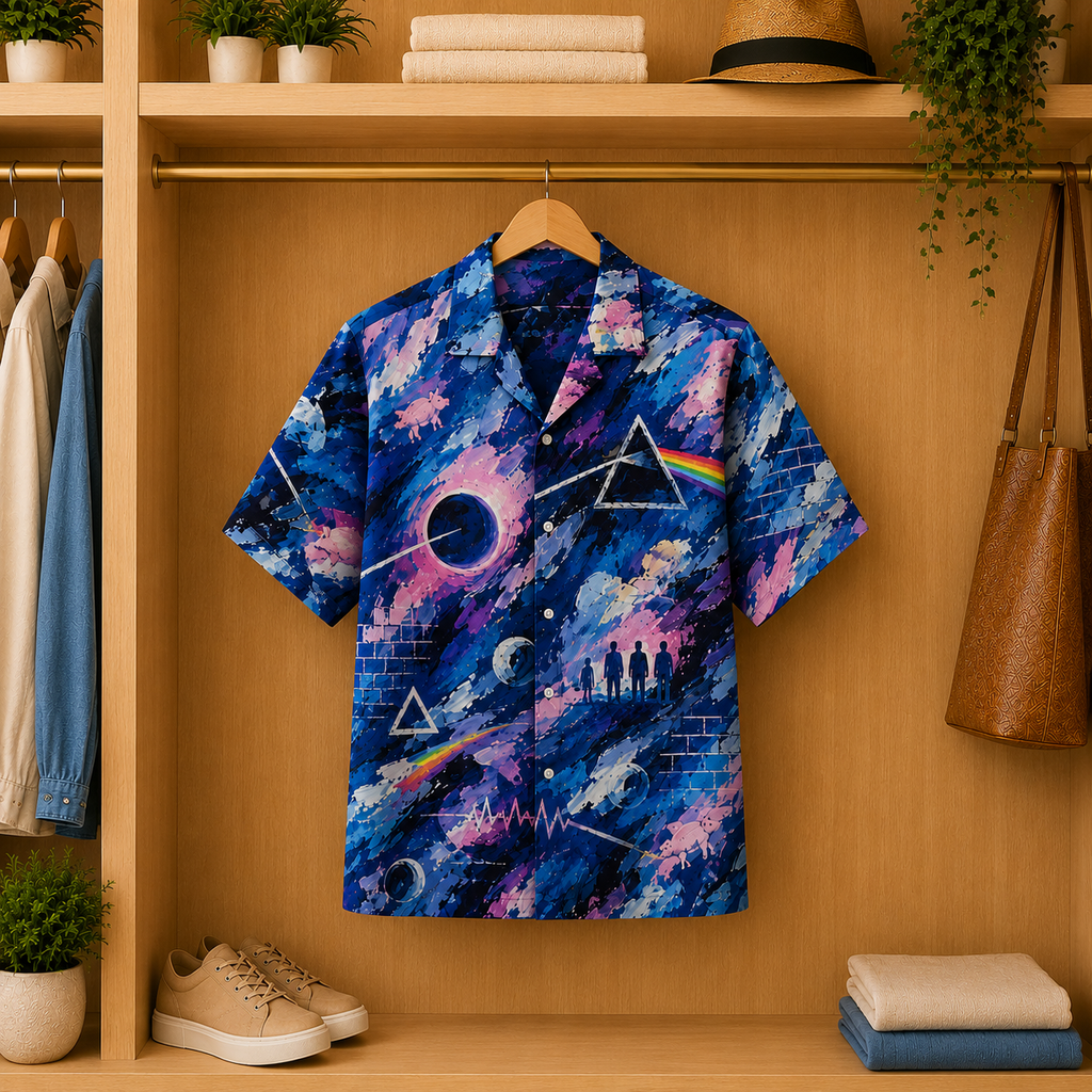 Pink Floyd Hawaiian Shirt - Cosmic Prism Galaxy Artwork All-Over Print Summer Button-Up Shirt