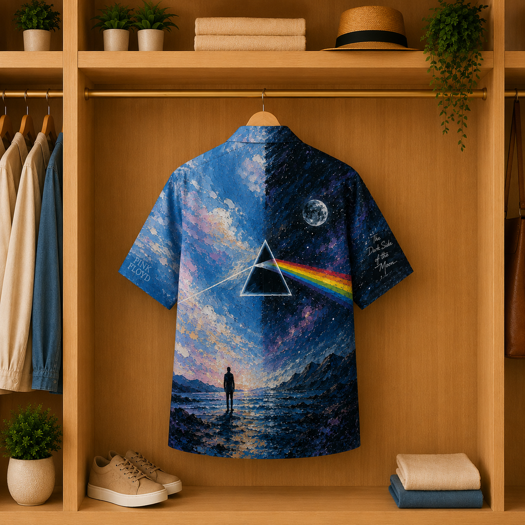 Pink Floyd Hawaiian Shirt - Dark Side of the Moon Prism Ocean Landscape All-Over Print Summer Button-Up