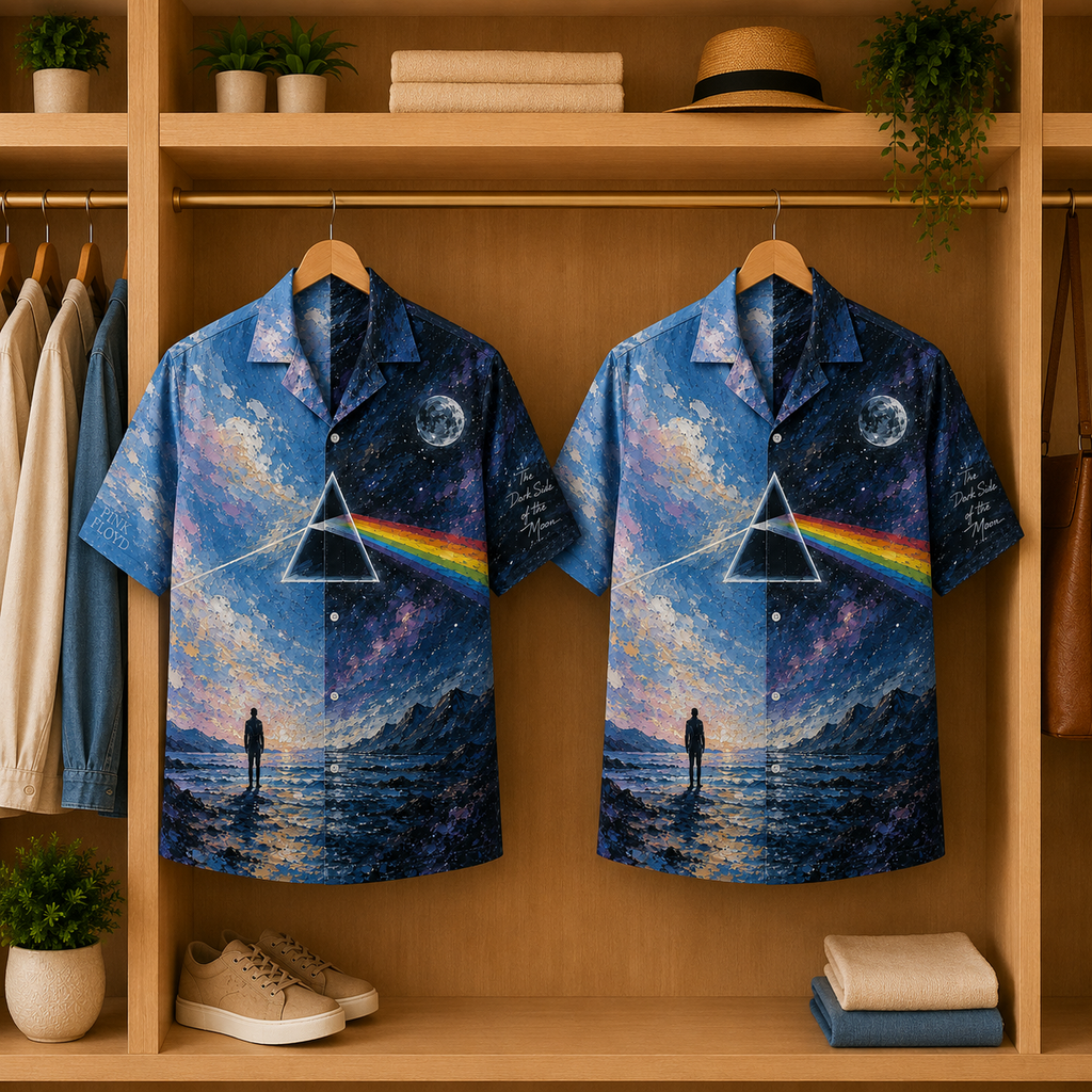 Pink Floyd Hawaiian Shirt - Dark Side of the Moon Prism Ocean Landscape All-Over Print Summer Button-Up