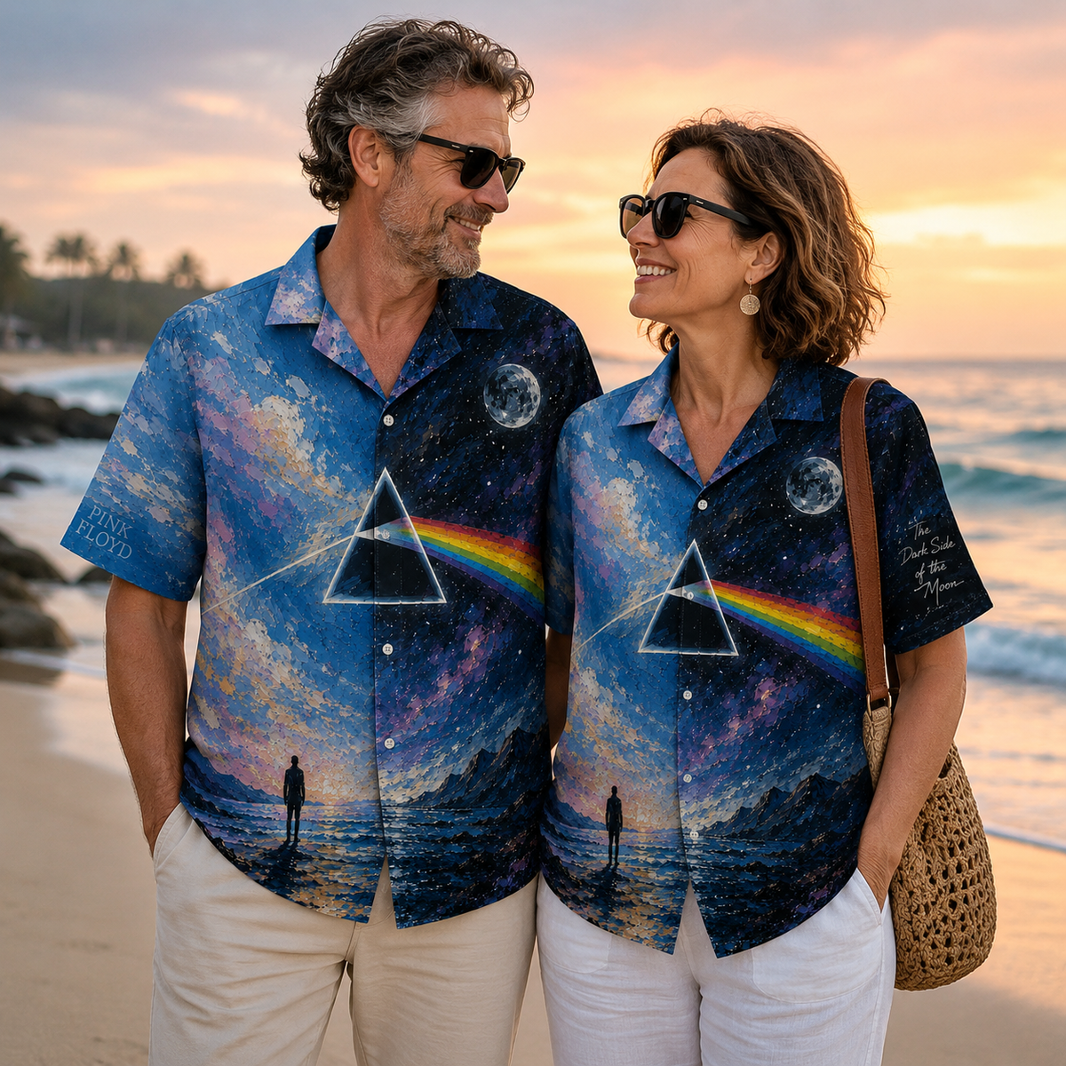 Pink Floyd Hawaiian Shirt - Dark Side of the Moon Prism Ocean Landscape All-Over Print Summer Button-Up