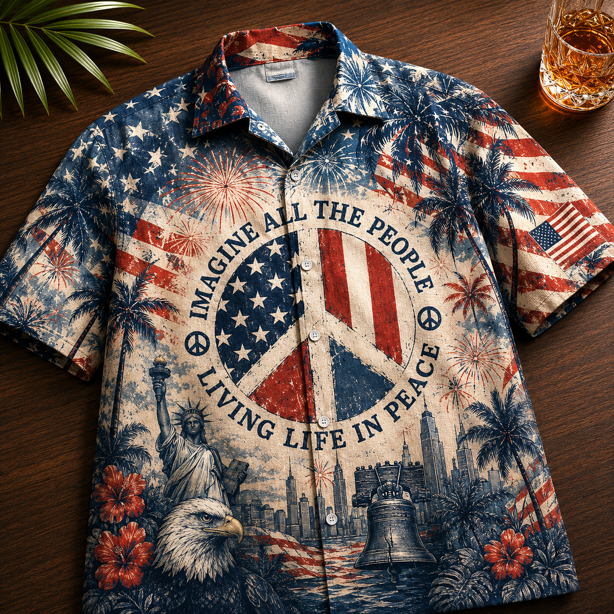 Imagine All The People Living Life In Peace Hawaiian Shirt Patriotic Peace Sign Independence Day AOP Shirt