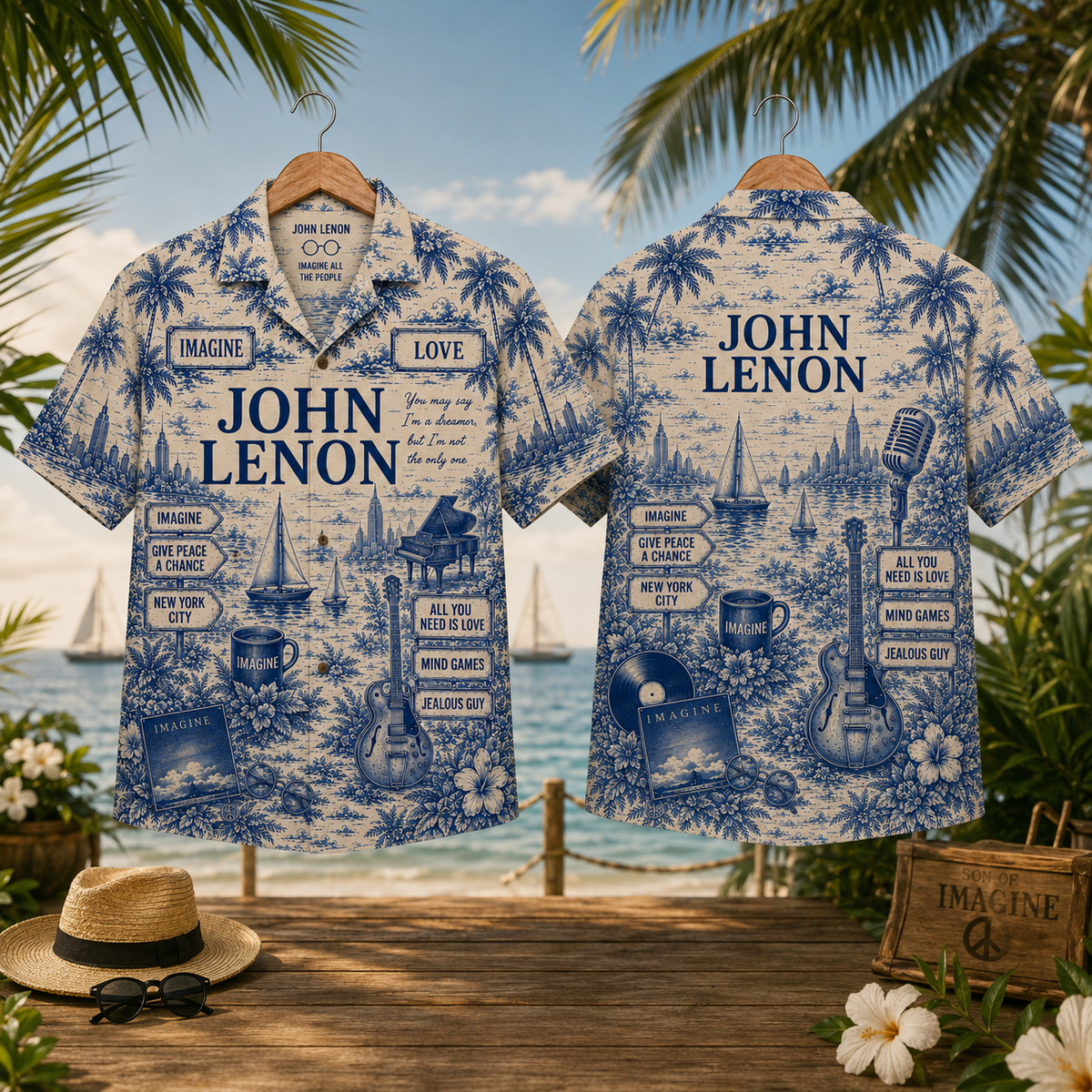 John Lennon Hawaiian Shirt Vintage Tropical Toile Button-Up Featuring Imagine, Give Peace a Chance & New York-Inspired Artwork