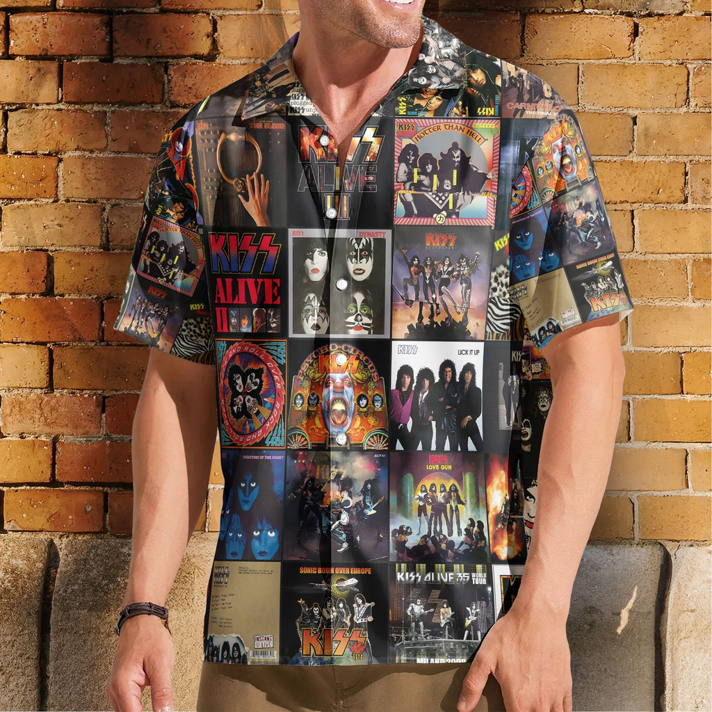 KISS Hawaiian Shirt Album Cover Collage Glam Rock Summer Button Up