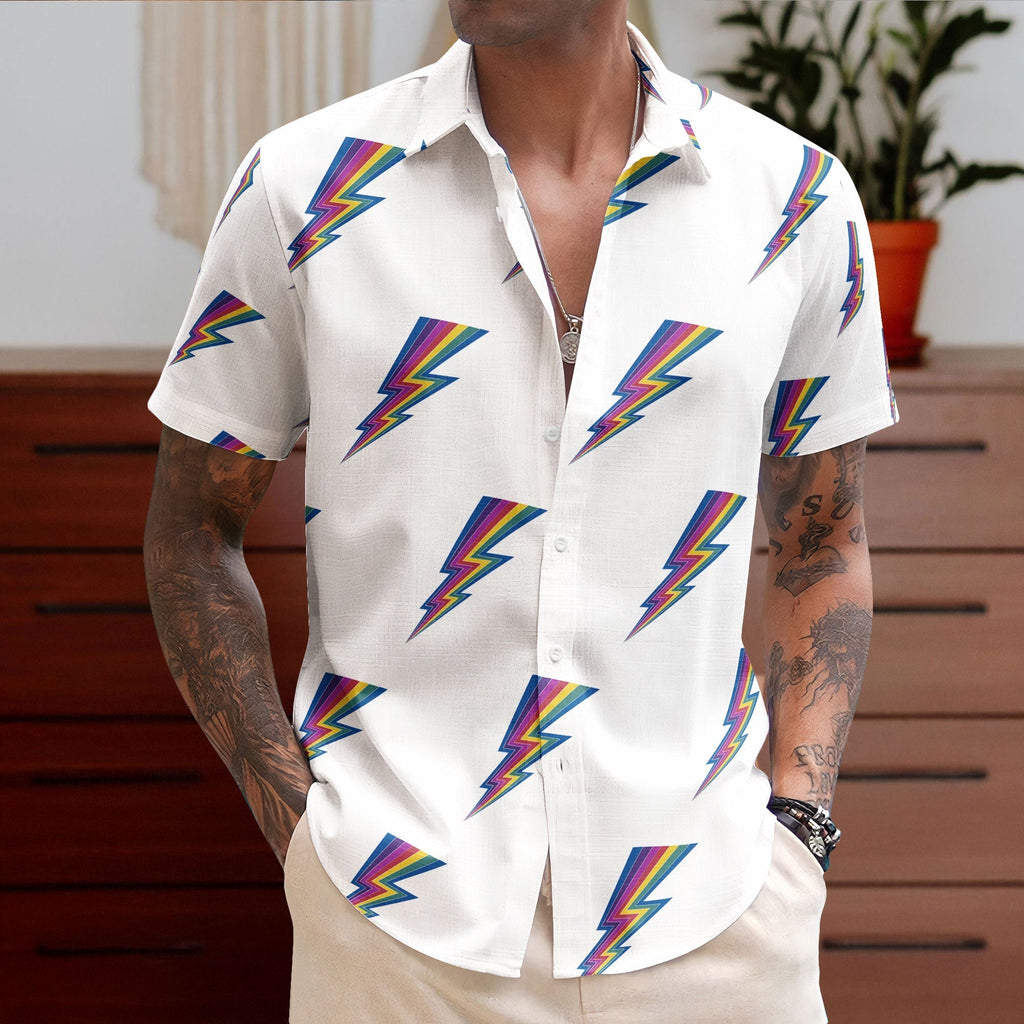 Rainbow Lightning Bolt Unisex Hawaiian Shirt Retro Pattern Hawaiian Button-Up Shirt