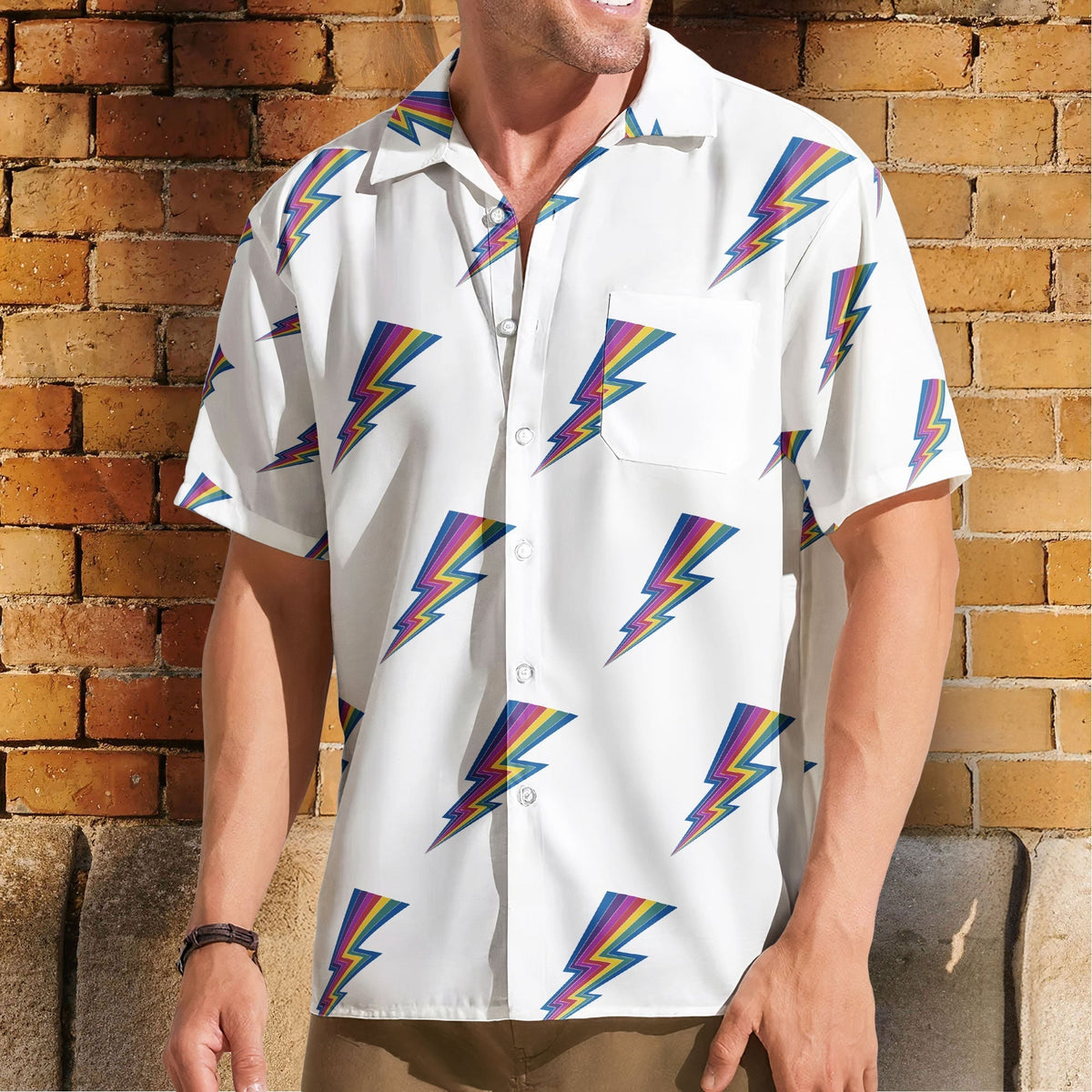 Rainbow Lightning Bolt Unisex Hawaiian Shirt Retro Pattern Hawaiian Button-Up Shirt
