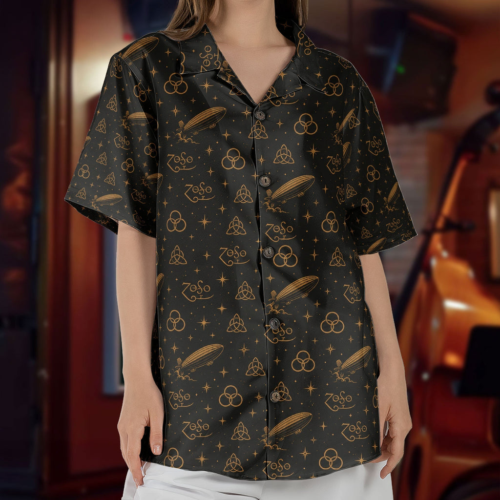 Led Zeppelin Four Symbols ZoSo Monogram Black Gold Hawaiian Shirt Retro Music Album Art Inspired Unisex Shirt