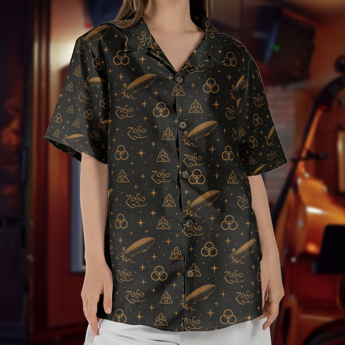 Led Zeppelin Four Symbols ZoSo Monogram Black Gold Hawaiian Shirt Retro Music Album Art Inspired Unisex Shirt