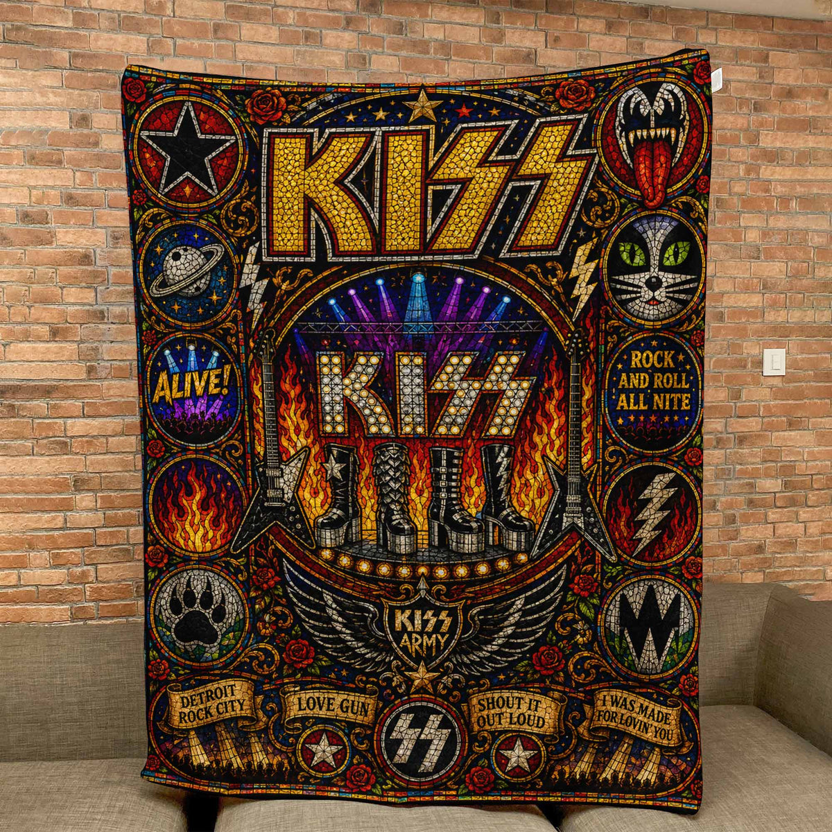 KISS Band Sherpa Blanket Detroit Rock City Stained Glass Blanket