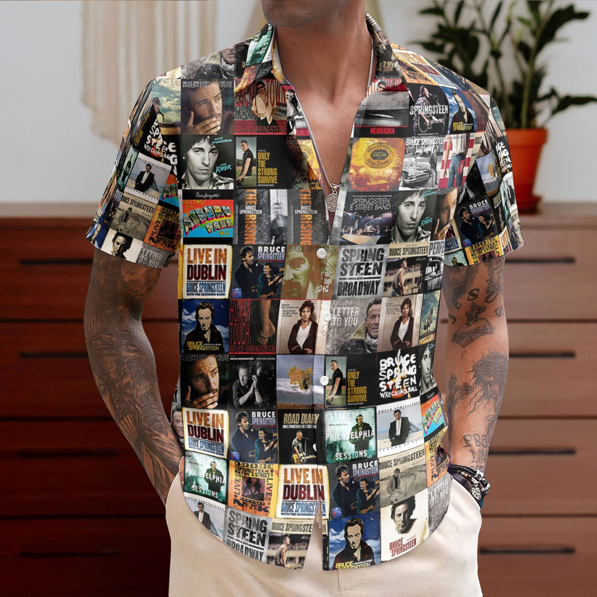 Bruce Springsteen Retro Music Album Art Mosaic Grid Colorful Hawaiian Shirt Retro Music Album Art Inspired Unisex Shirt