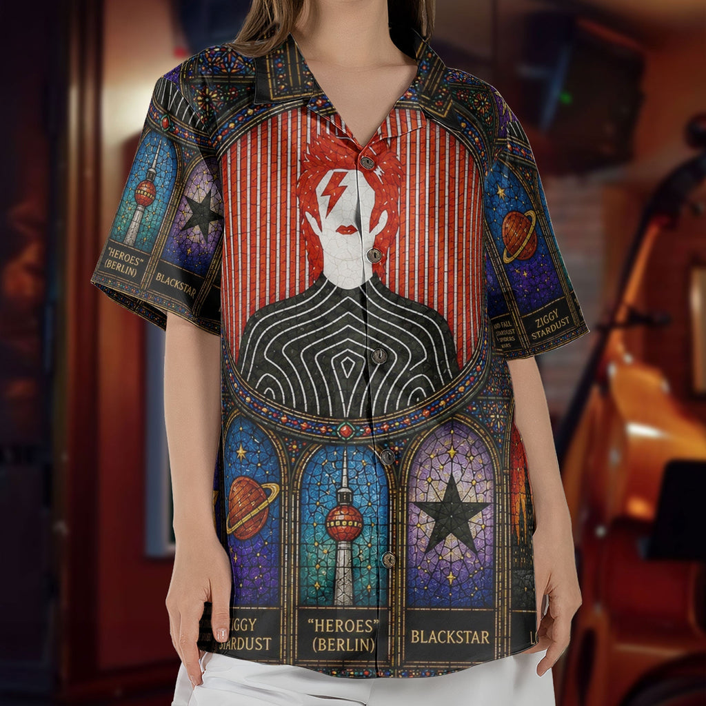 David Bowie Gothic Stained Glass Hawaiian Shirt - Unisex Retro Heroes Ziggy Stardust Blackstar Button Up