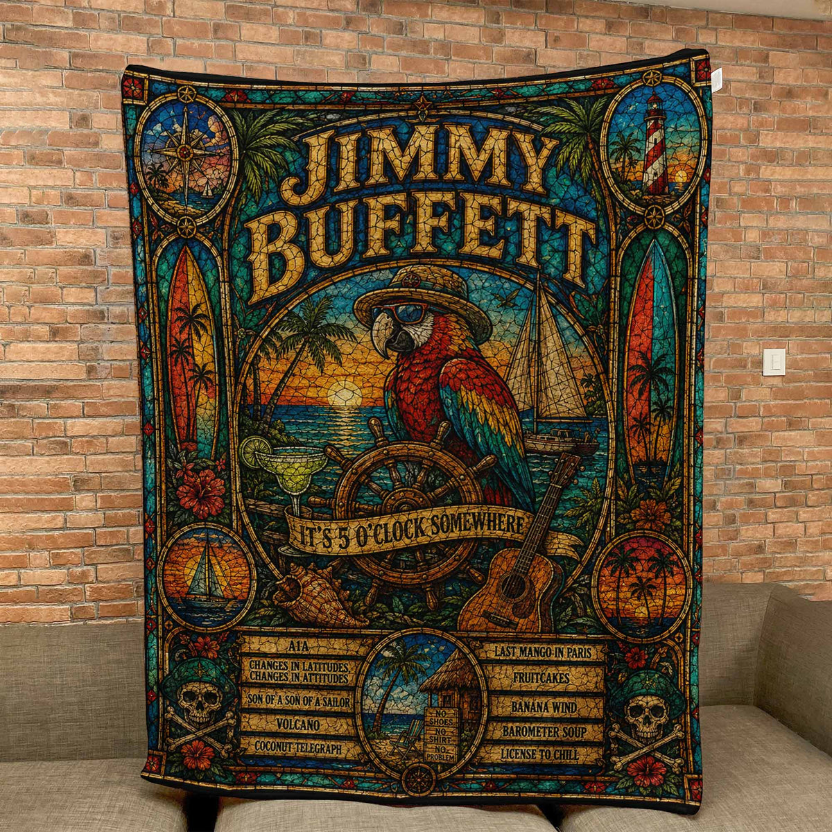 Jimmy Buffett Sherpa Blanket Margaritaville Stained Glass Tropical Coastal Blanket