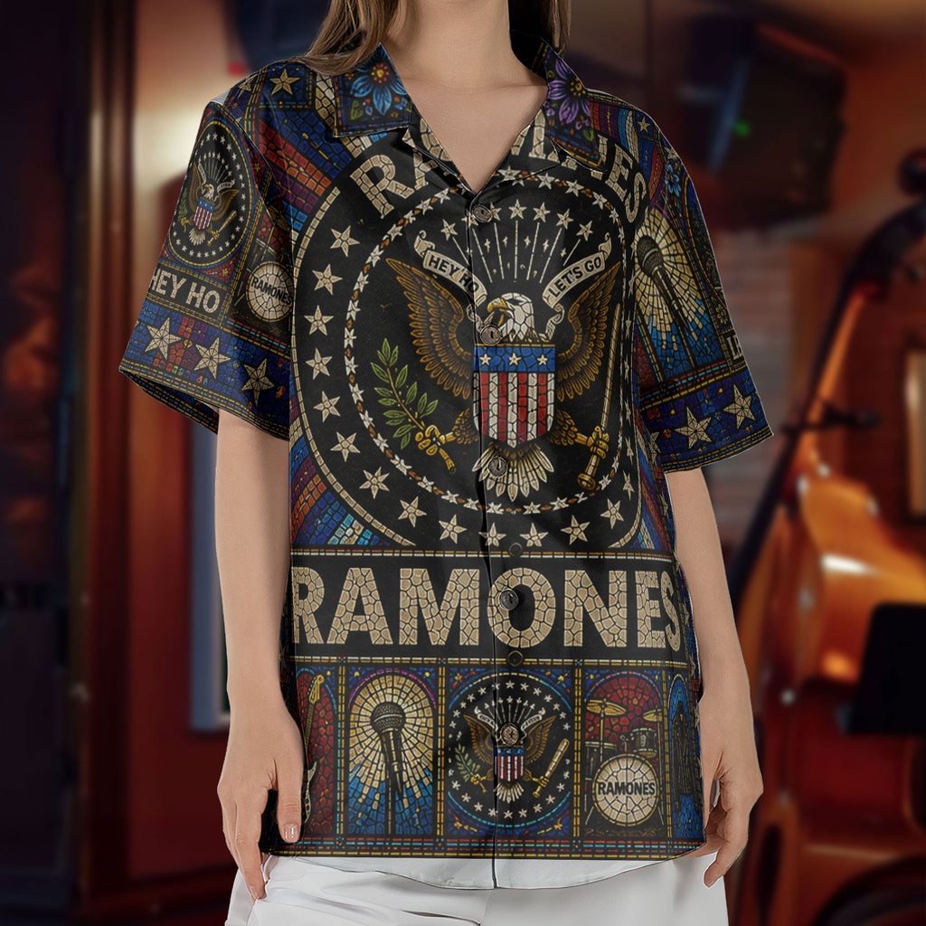 Ramones Hawaiian Shirt - Unisex Retro Hey Ho Lets Go Cathedral Window Button Up