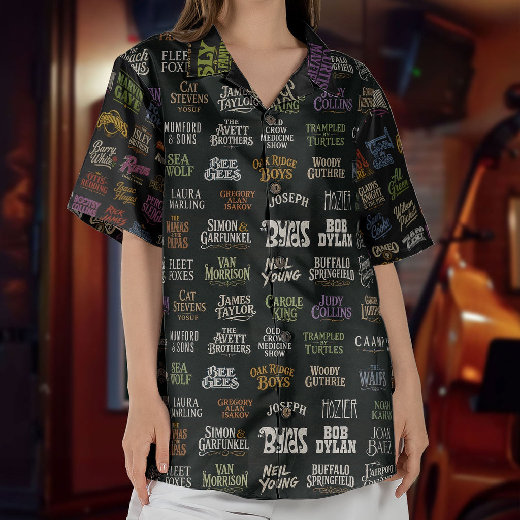 Vintage Folk Rock Band Logos Hawaiian Shirt Unisex Retro Music Concert Summer Button Up