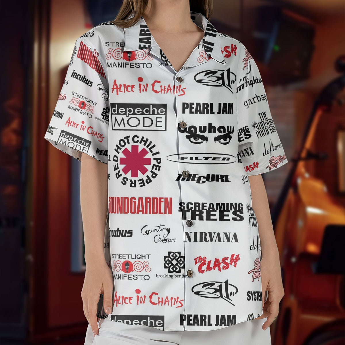 Grunge Rock Band Retro Rock Concert White Summer Button Up Hawaiian Shirt Retro Music Album Art Inspired Unisex Shirt