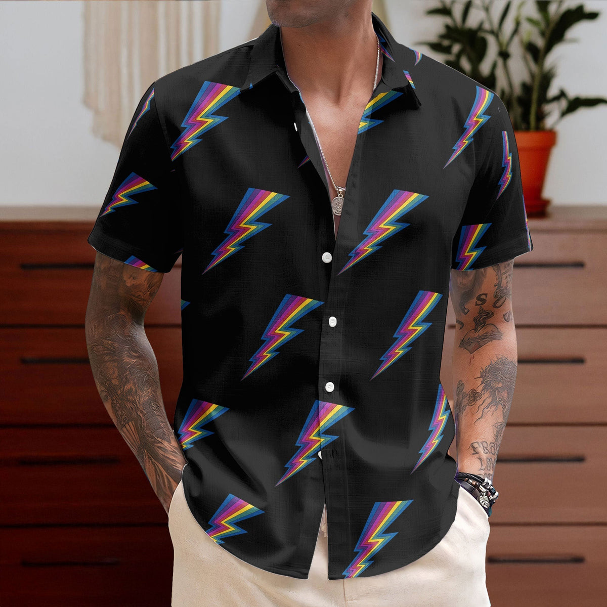 Retro Rainbow Lightning Hawaiian Shirt Glam Rock Vintage Button Up