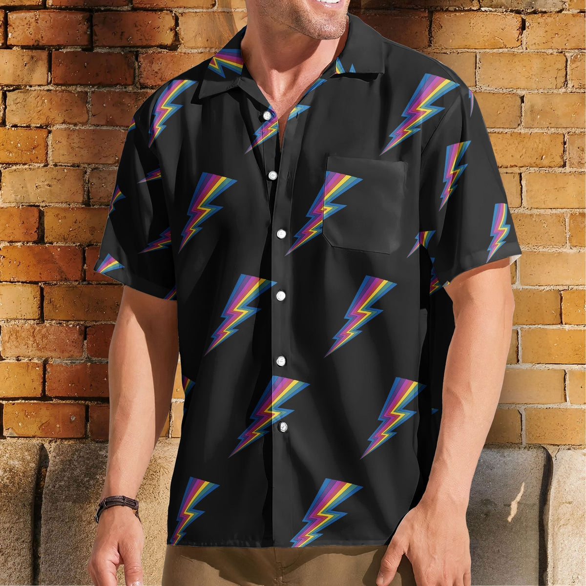 Rainbow Lightning Bolt Unisex Hawaiian Shirt Retro Pattern Hawaiian Button-Up Shirt