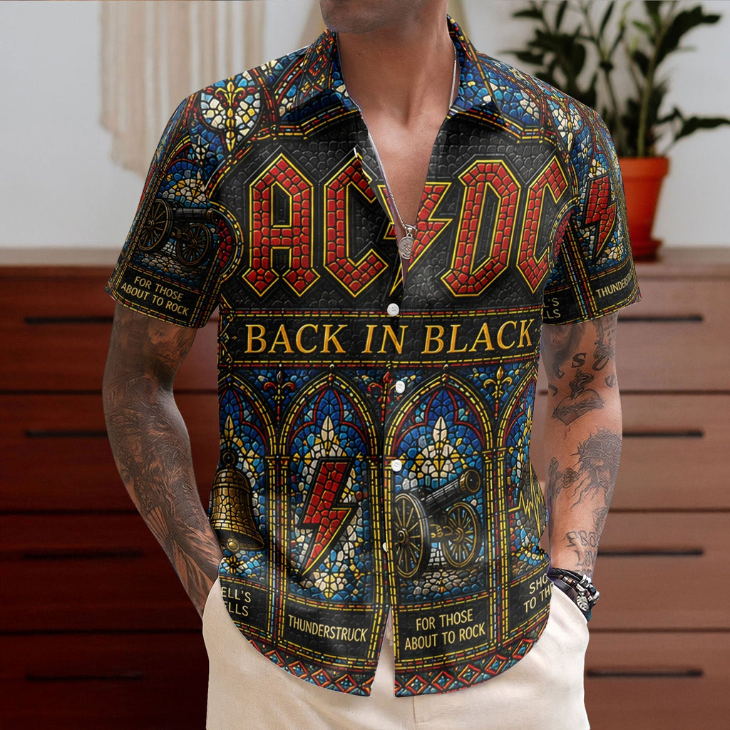 AC/DC Gothic Stained Glass Hawaiian Shirt - Unisex Hard Rock Back In Black Button Up