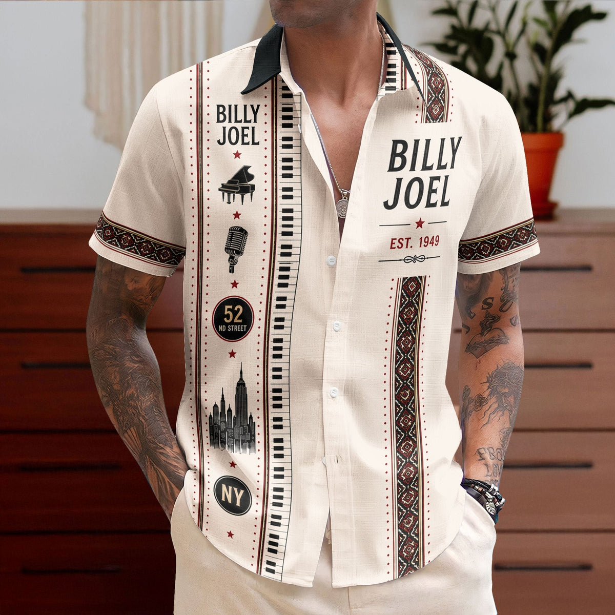 Billy Joel Hawaiian Shirt - Unisex Mexican Style Piano Keys Vertical Stripe Button Up