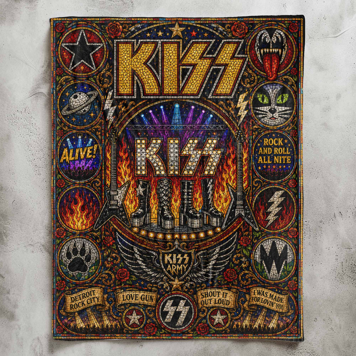 KISS Band Sherpa Blanket Detroit Rock City Stained Glass Blanket