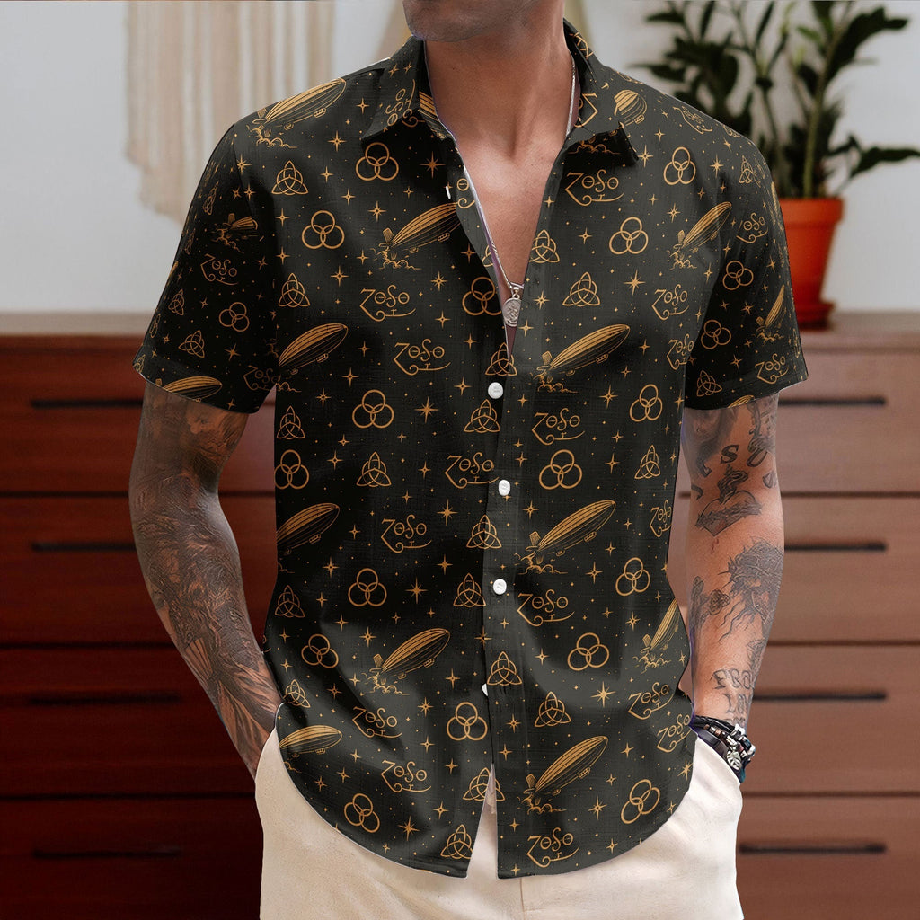 Led Zeppelin Four Symbols ZoSo Monogram Black Gold Hawaiian Shirt Retro Music Album Art Inspired Unisex Shirt