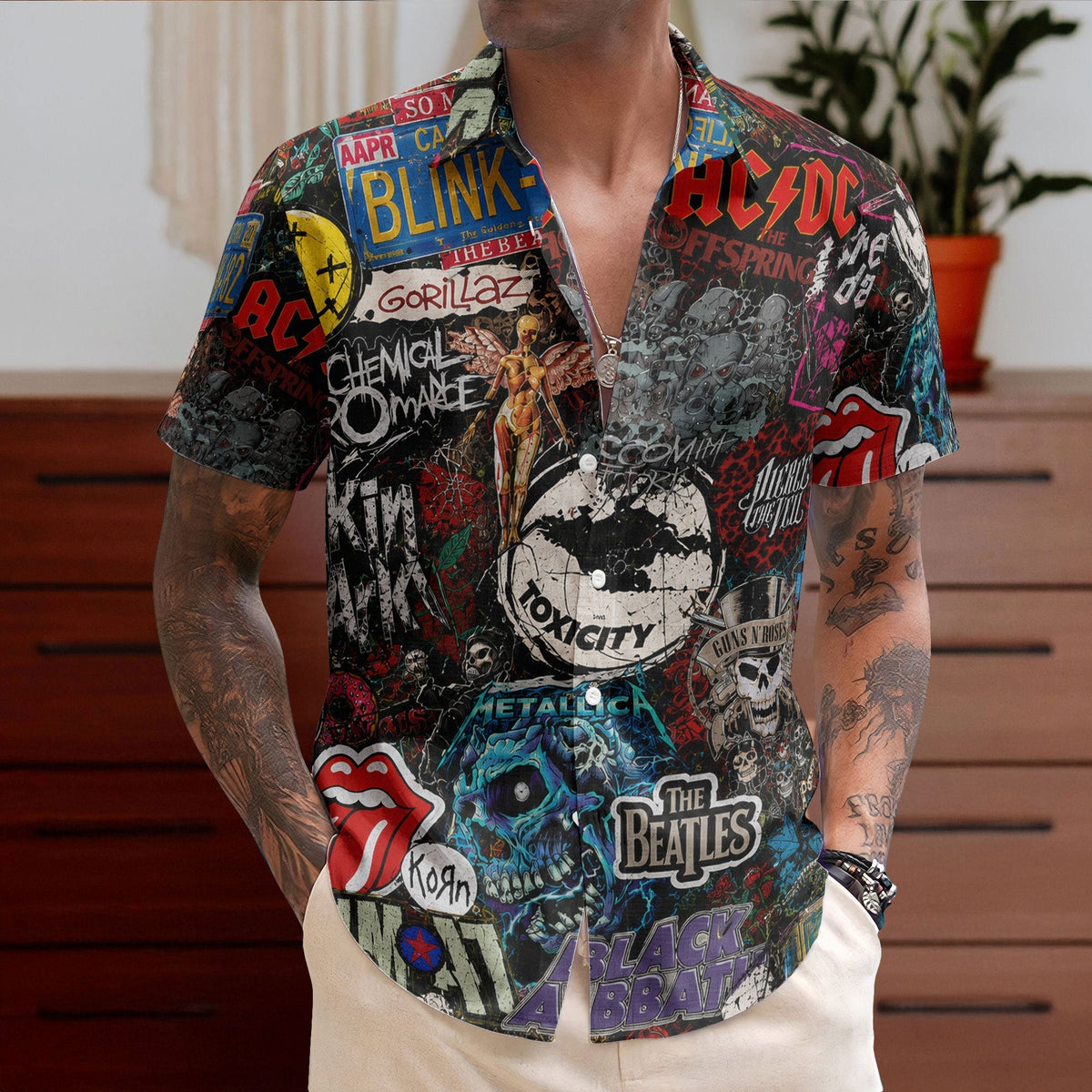 Rock Band Collage Hawaiian Shirt - Unisex Heavy Metal Grunge Summer Button Up - The Beatles Black Sabbath Concert Merch