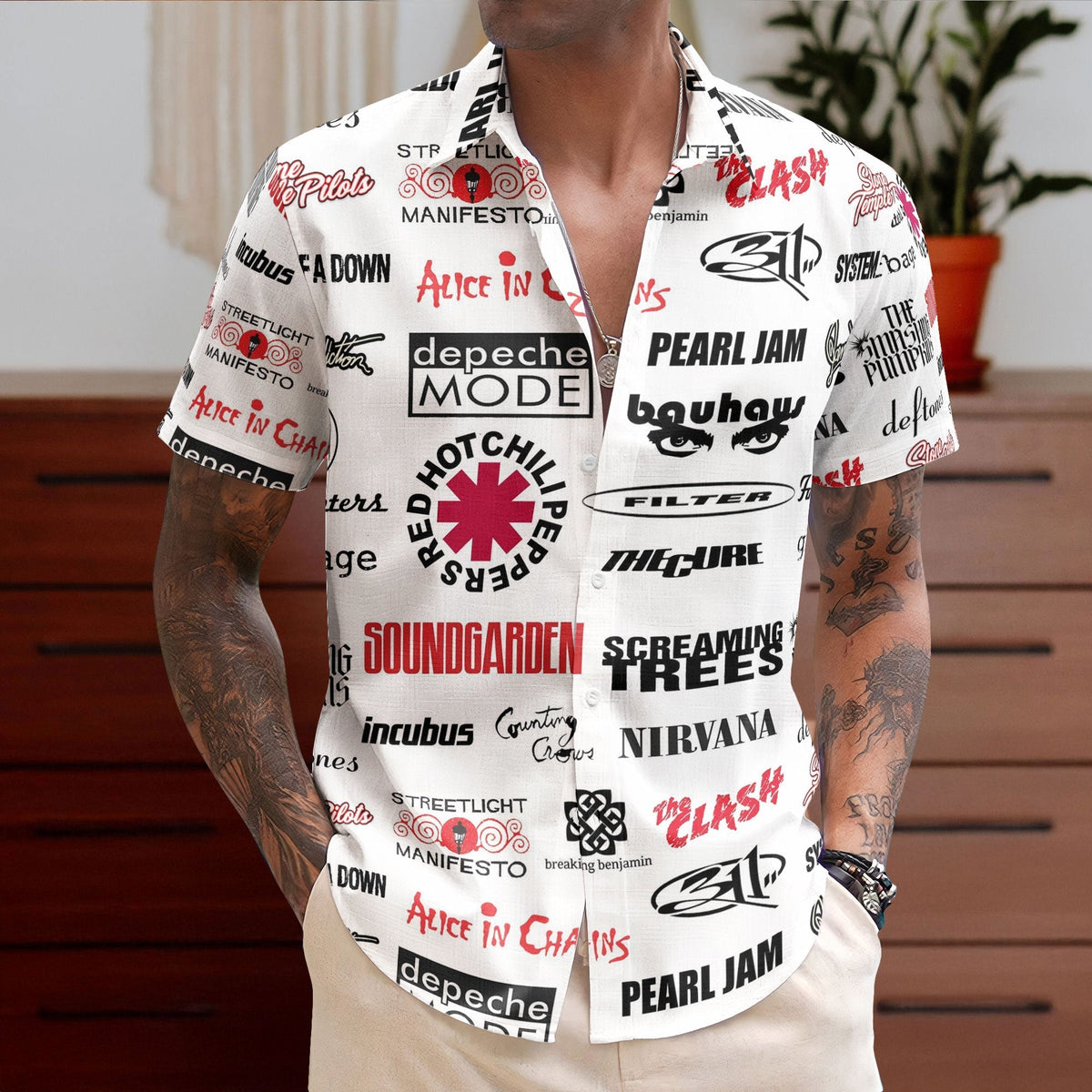 Grunge Rock Band Retro Rock Concert White Summer Button Up Hawaiian Shirt Retro Music Album Art Inspired Unisex Shirt