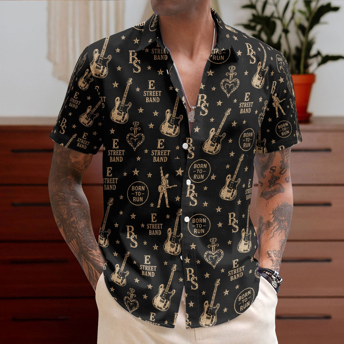 Bruce Springsteen And E Street Band Logo Graphic All-Over Print Hawaiian Shirt Retro Music Album Art Inspired Shirt