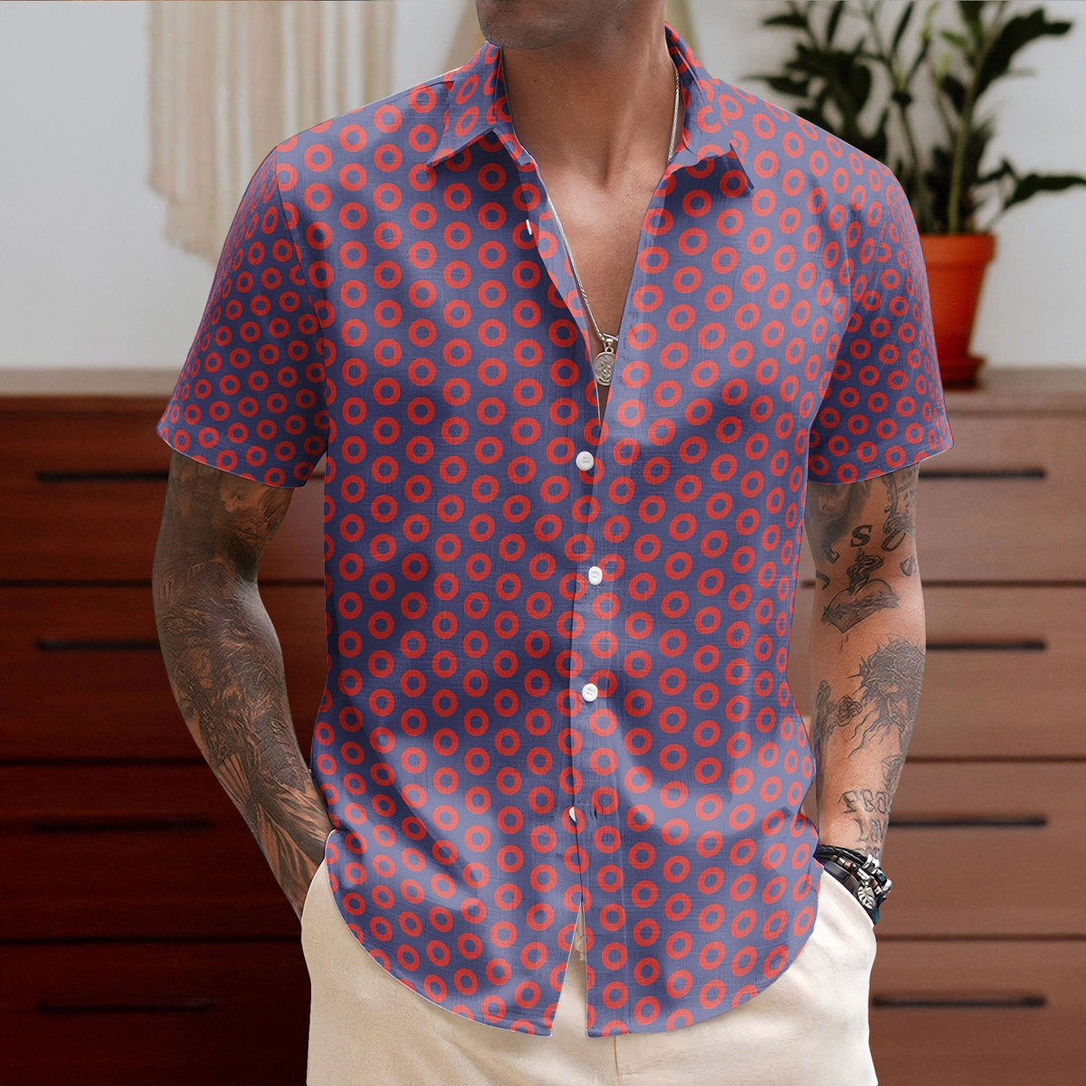 Phish Red Circle Donut Inspried Unisex Hawaiian Shirt Retro Music Print Button-Up