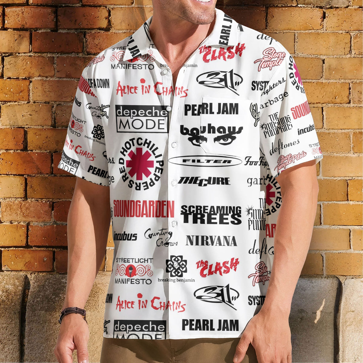 Grunge Rock Band Retro Rock Concert White Summer Button Up Hawaiian Shirt Retro Music Album Art Inspired Unisex Shirt