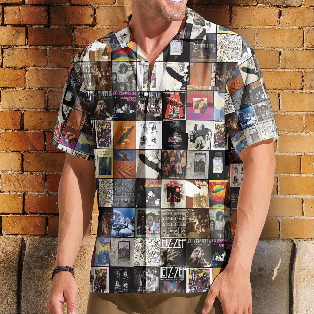 Led Zeppelin Album Cover Hawaiian Shirt - Unisex Retro Physical Graffiti Mothership Collage Grid Button Up