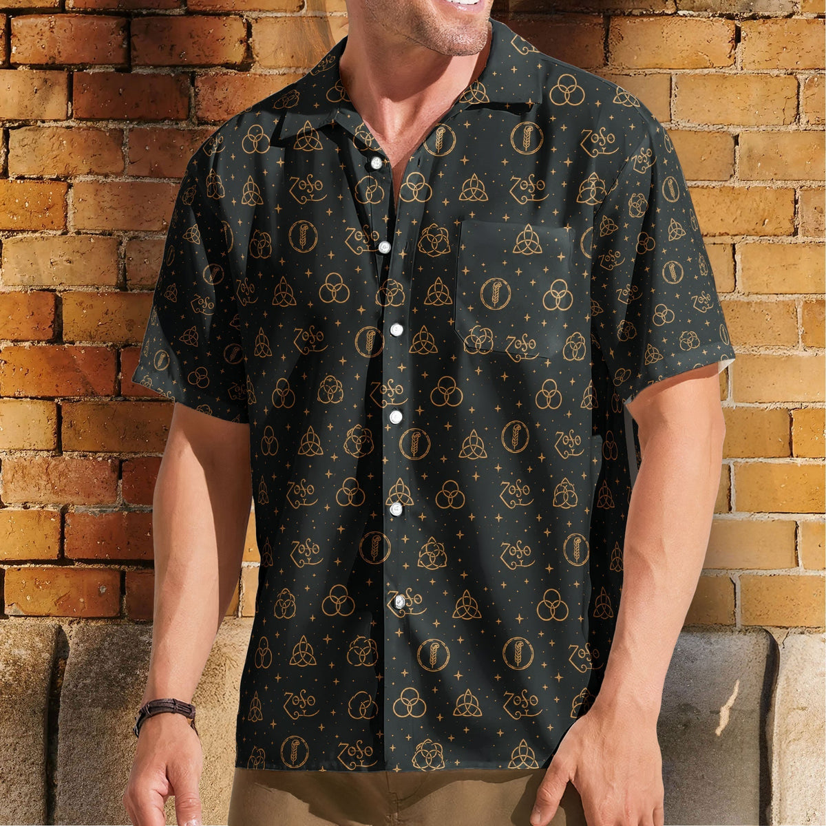 Led Zeppelin Four Symbols ZoSo Black Gold Monogram Hawaiian Shirt Retro Music Album Art Inspired Unisex Shirt