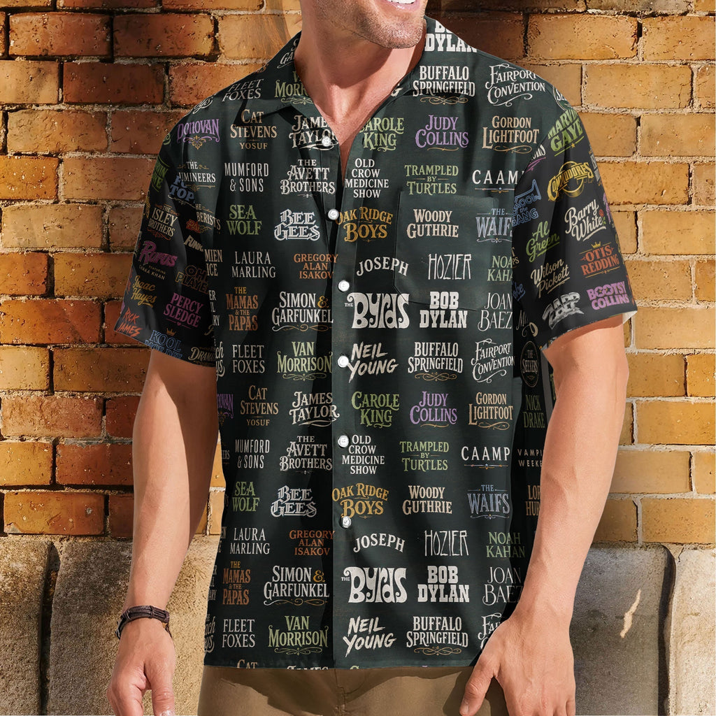 Vintage Folk Rock Band Logos Hawaiian Shirt Unisex Retro Music Concert Summer Button Up