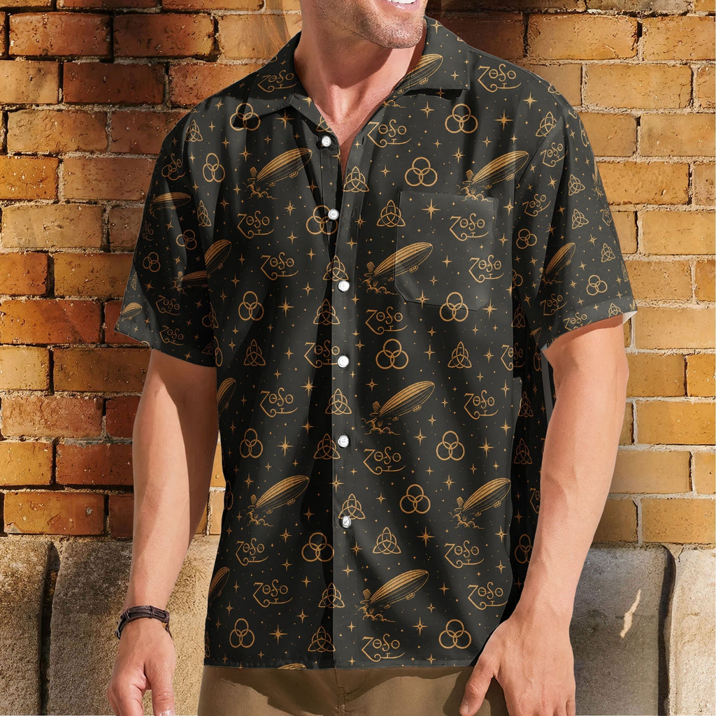 Led Zeppelin Four Symbols ZoSo Monogram Black Gold Hawaiian Shirt Retro Music Album Art Inspired Unisex Shirt