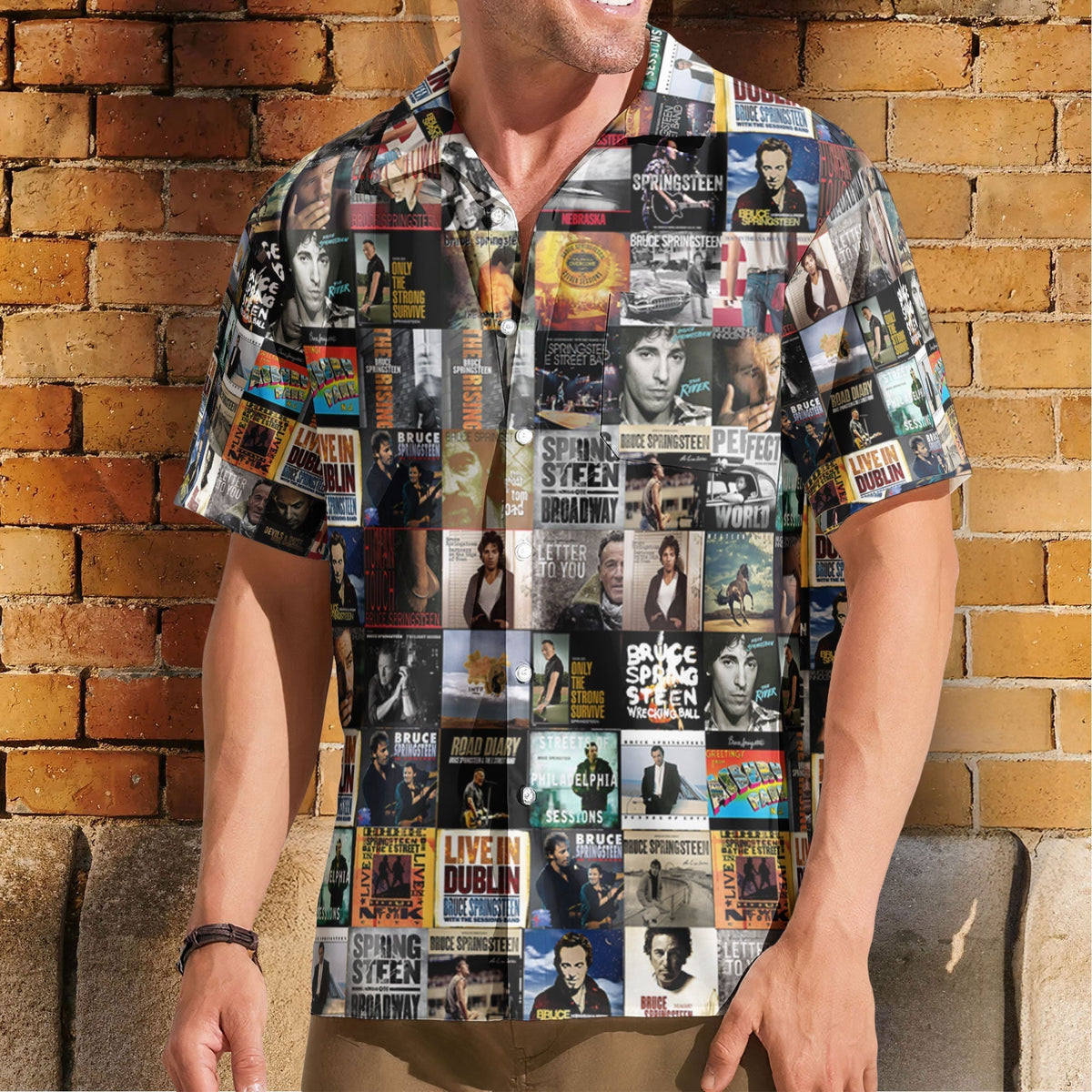 Bruce Springsteen Retro Music Album Art Mosaic Grid Colorful Hawaiian Shirt Retro Music Album Art Inspired Unisex Shirt
