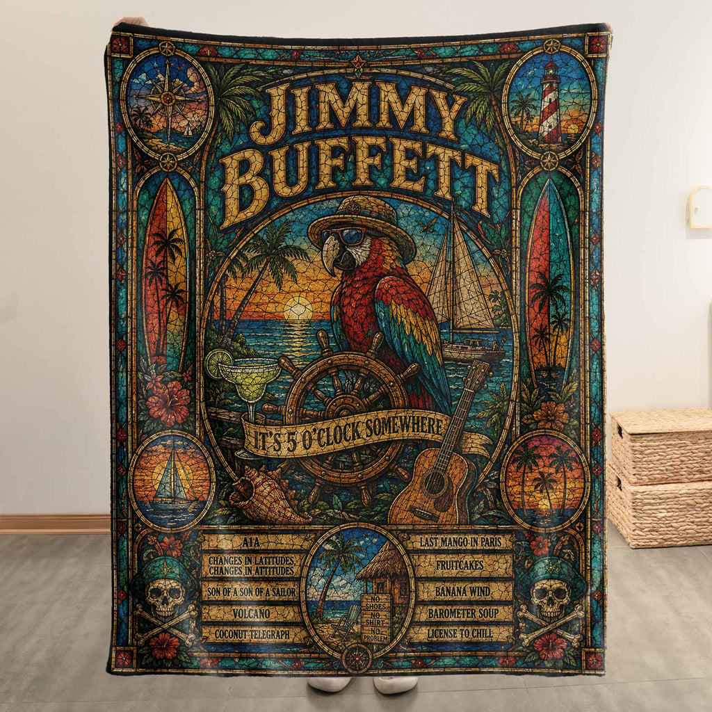 Jimmy Buffett Sherpa Blanket Margaritaville Stained Glass Tropical Coastal Blanket