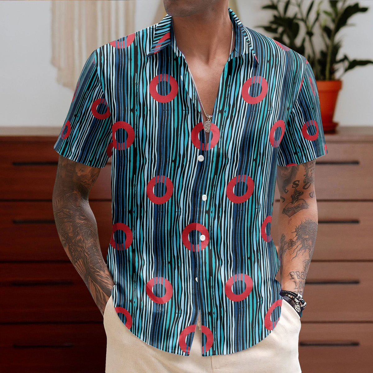 Phish Red Circle Donut Wave Inspried Unisex Hawaiian Shirt Retro Music Button-Up Shirt