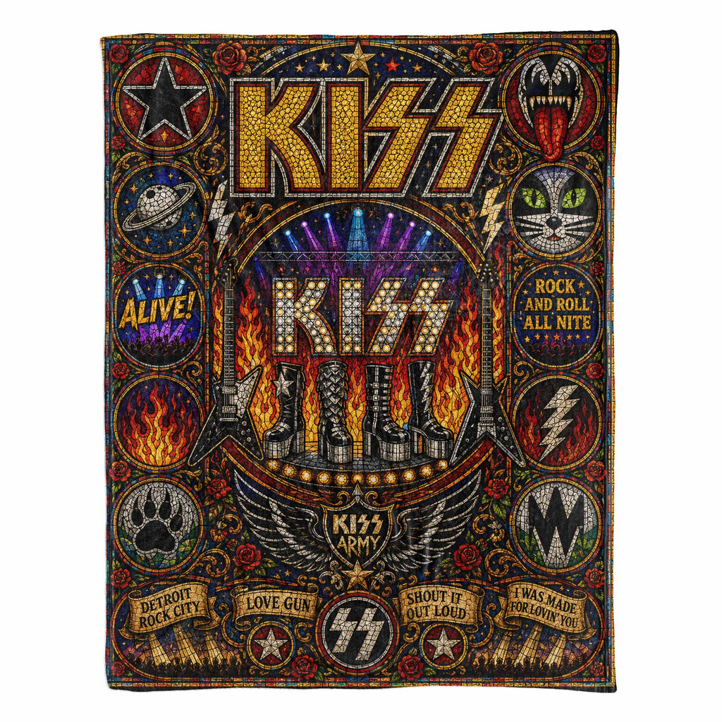 KISS Band Sherpa Blanket Detroit Rock City Stained Glass Blanket