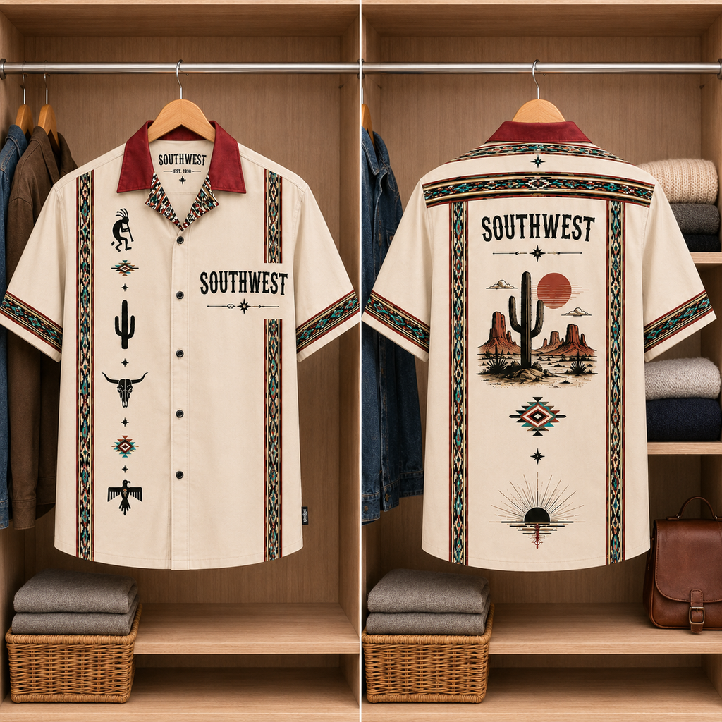 Southwestern Landscape Hawaiian Shirt Mexican Inspired Hawaiian Shirt White Version