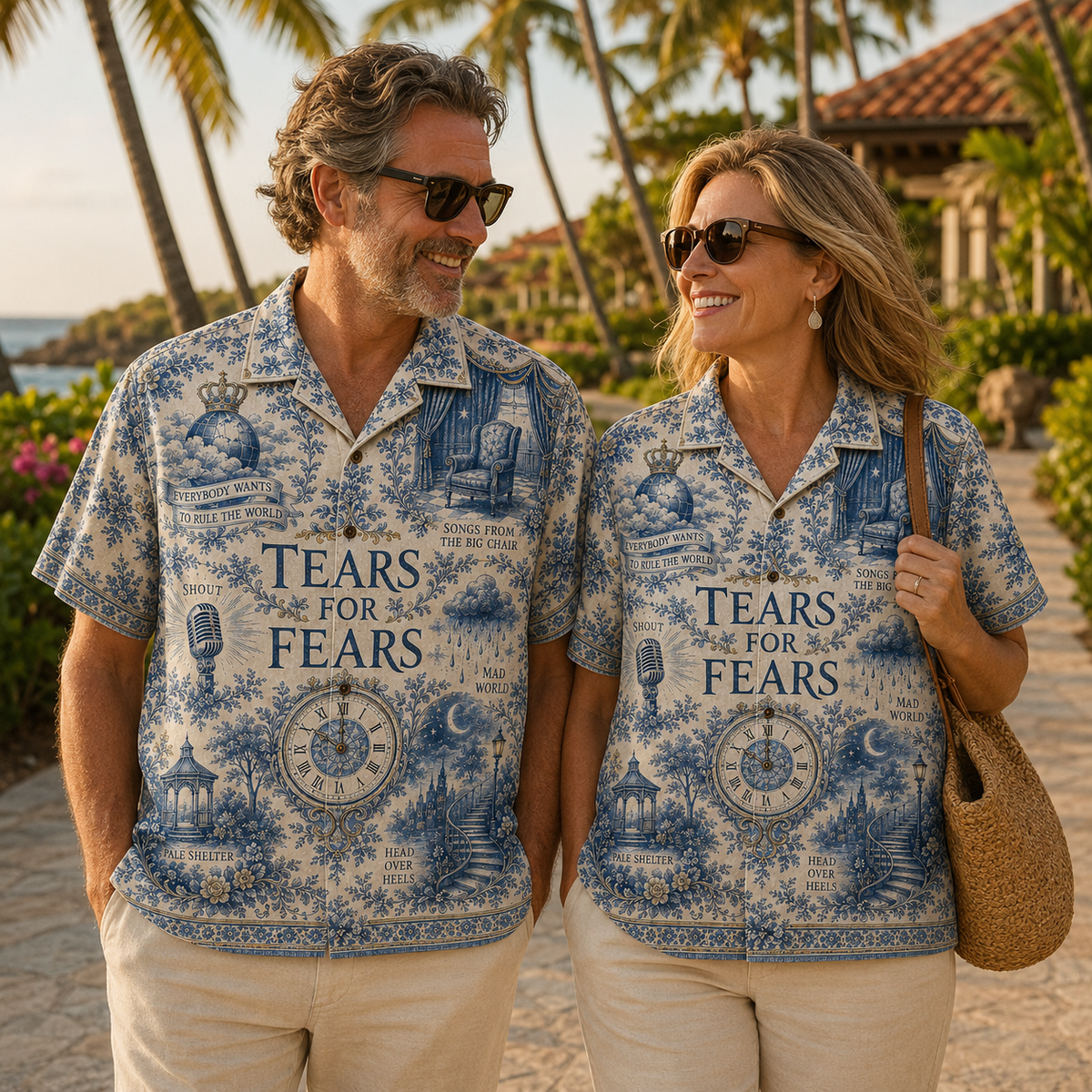Tears For Fears Hawaiian Shirt - Unisex Toile De Jouy Delft Blue Floral Button Up