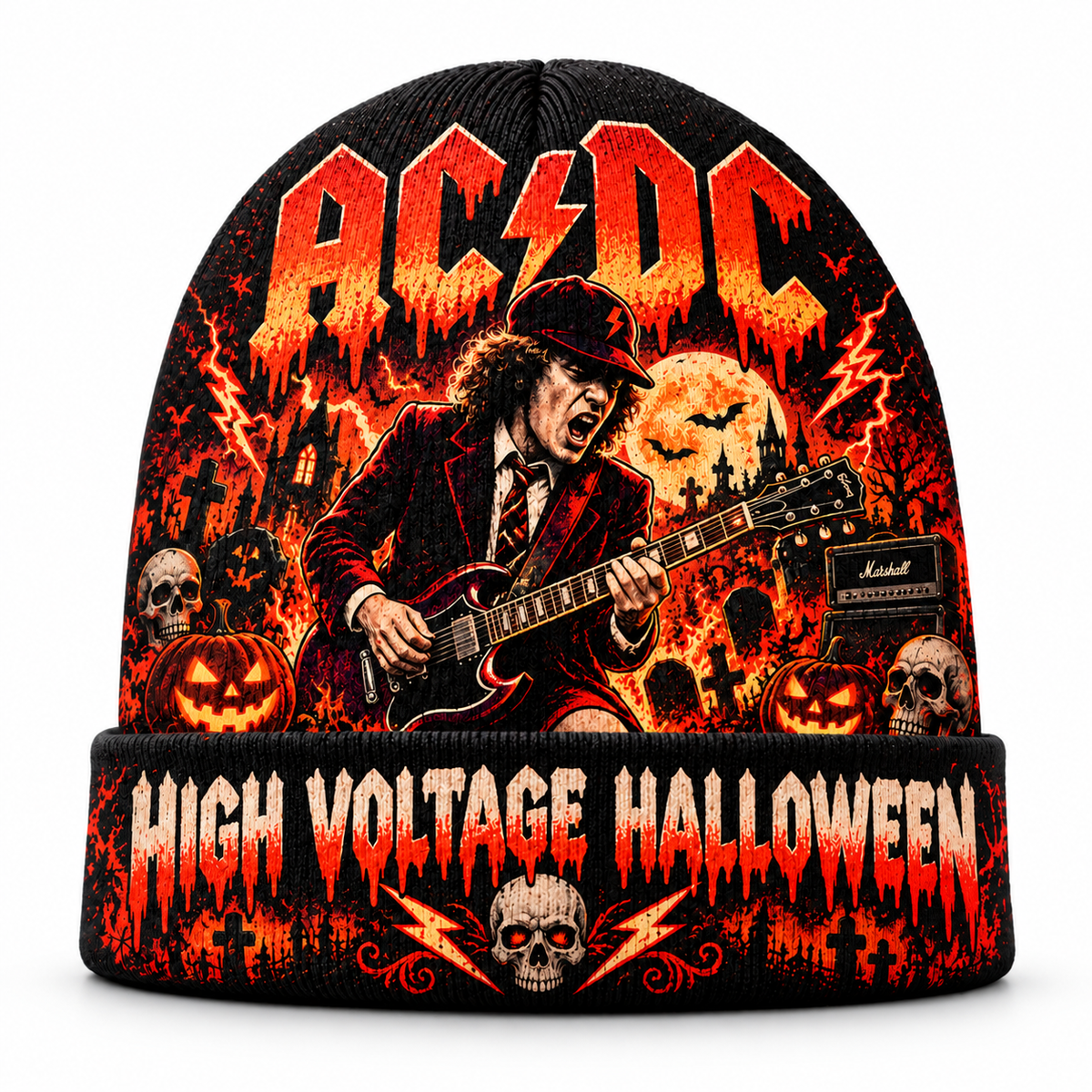 AC/DC Lightning Guitar Graphic Print Knit Beanie for High Voltage Halloween Nights NDN 1